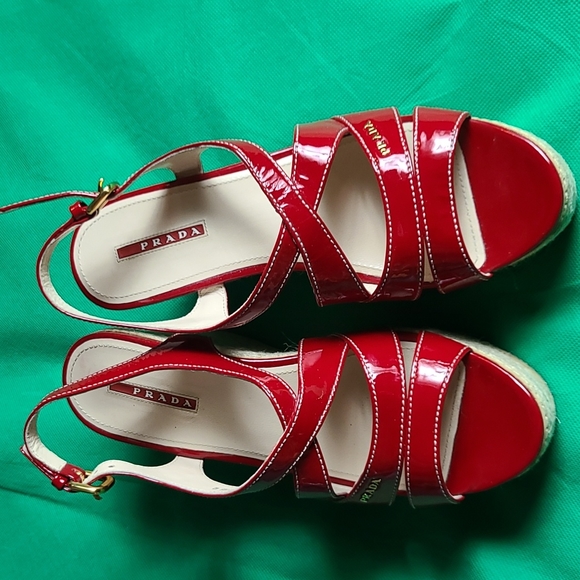 Prada Patent Leather Cork Wedge Sandals 👡 - Picture 2 of 11